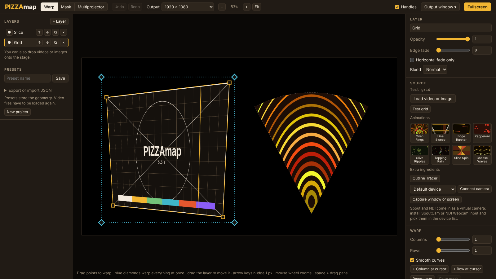 The PIZZAmap workspace: layers on the left, the stage with two mapped layers in the centre, properties on the right