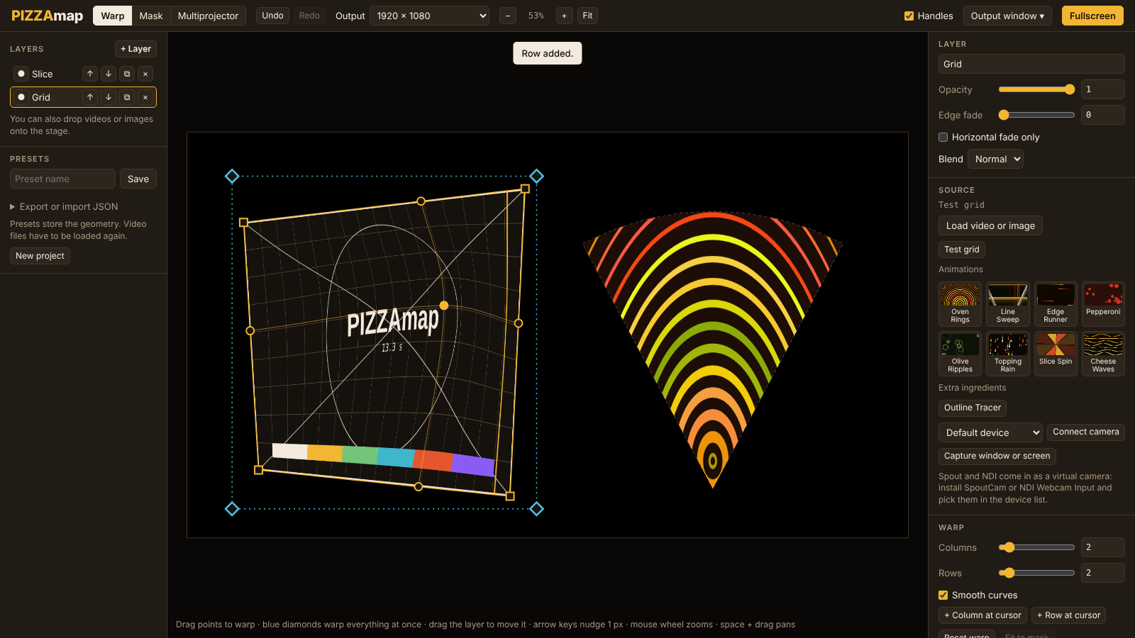 Warp mode: a test grid with one extra column and row, and one inner point pulled out of place