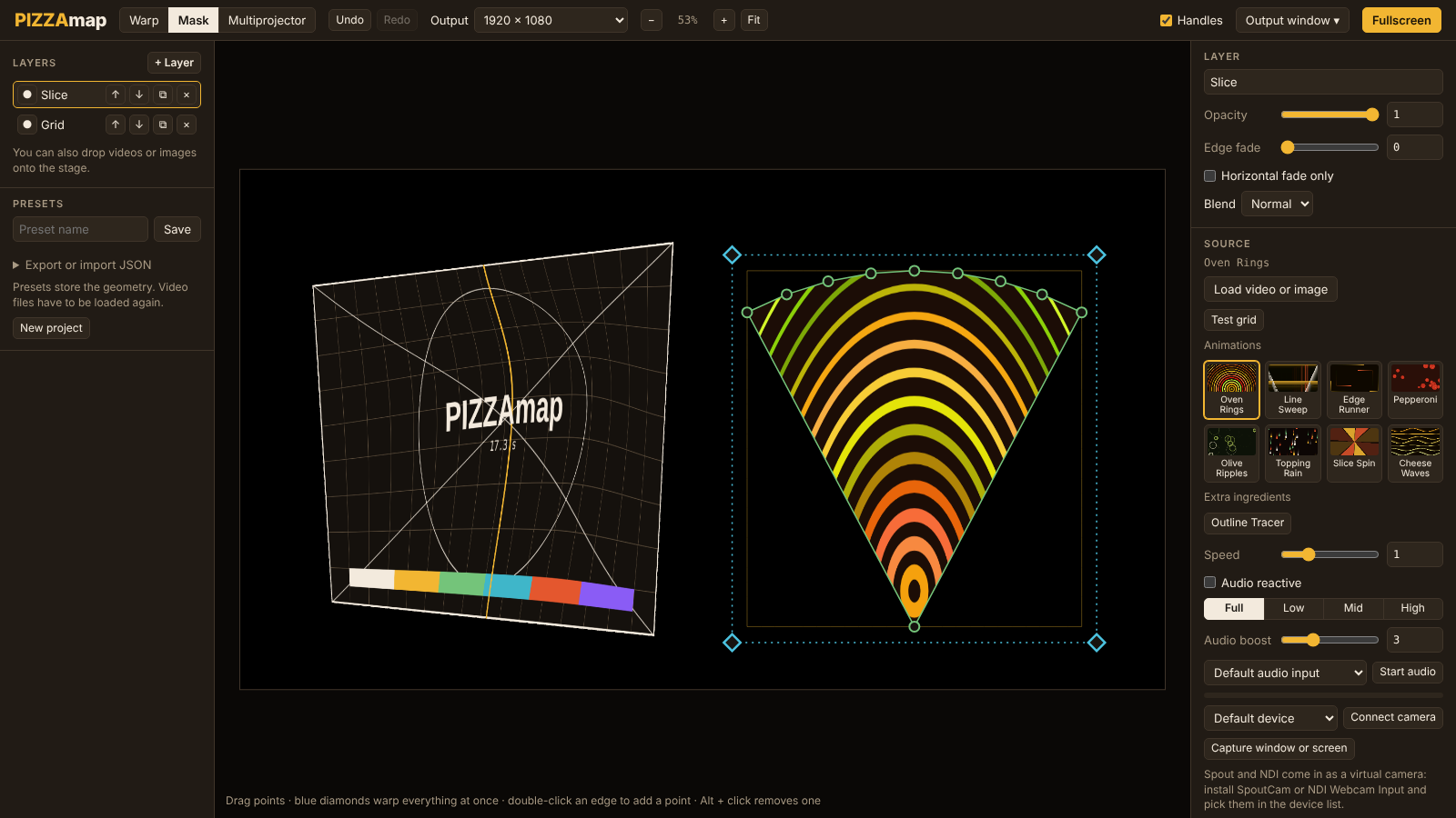 Mask mode: a slice-shaped mask with green points around an animation