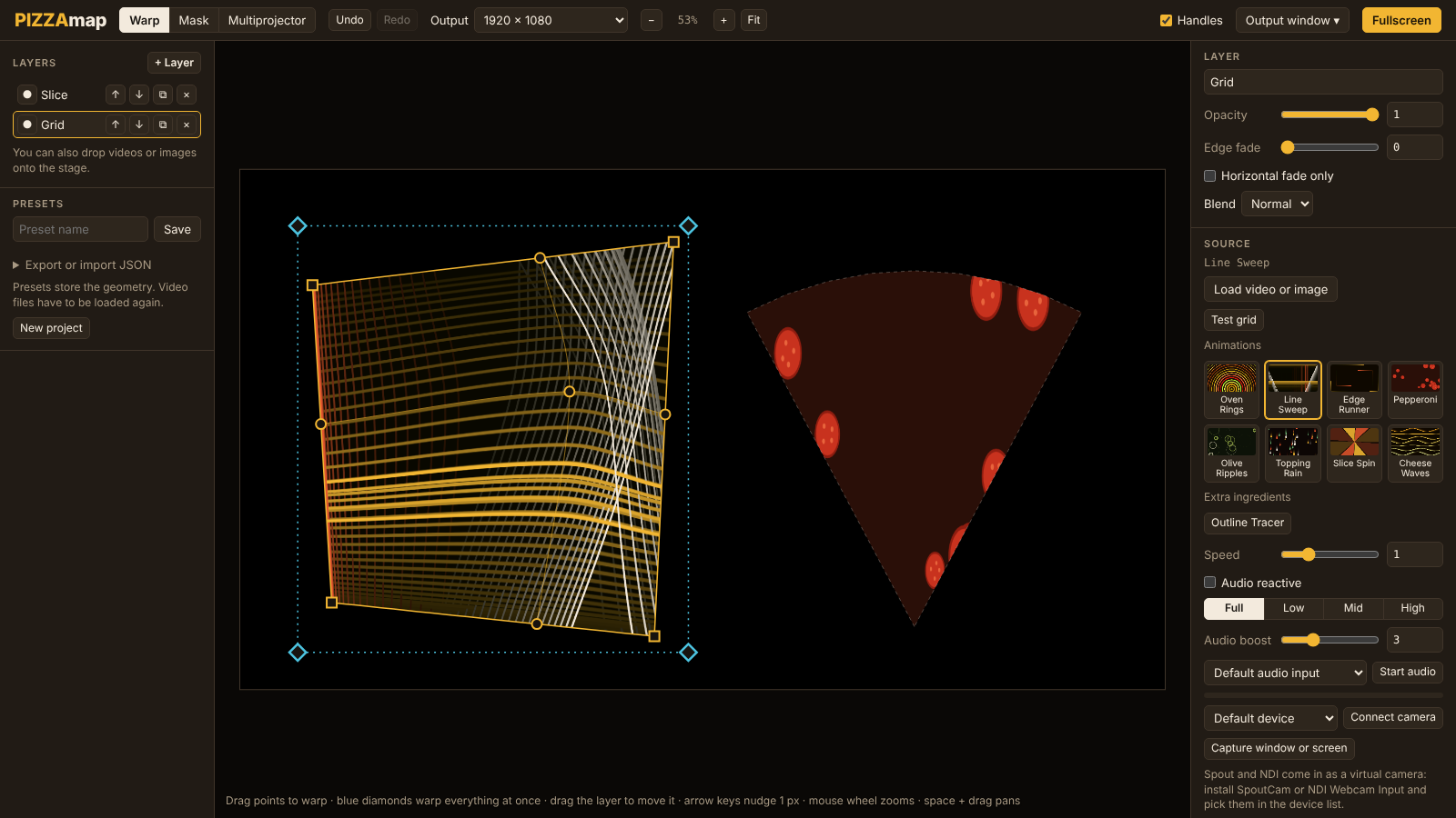 Two layers playing the Line Sweep and Pepperoni animations, with the animation grid in the properties panel