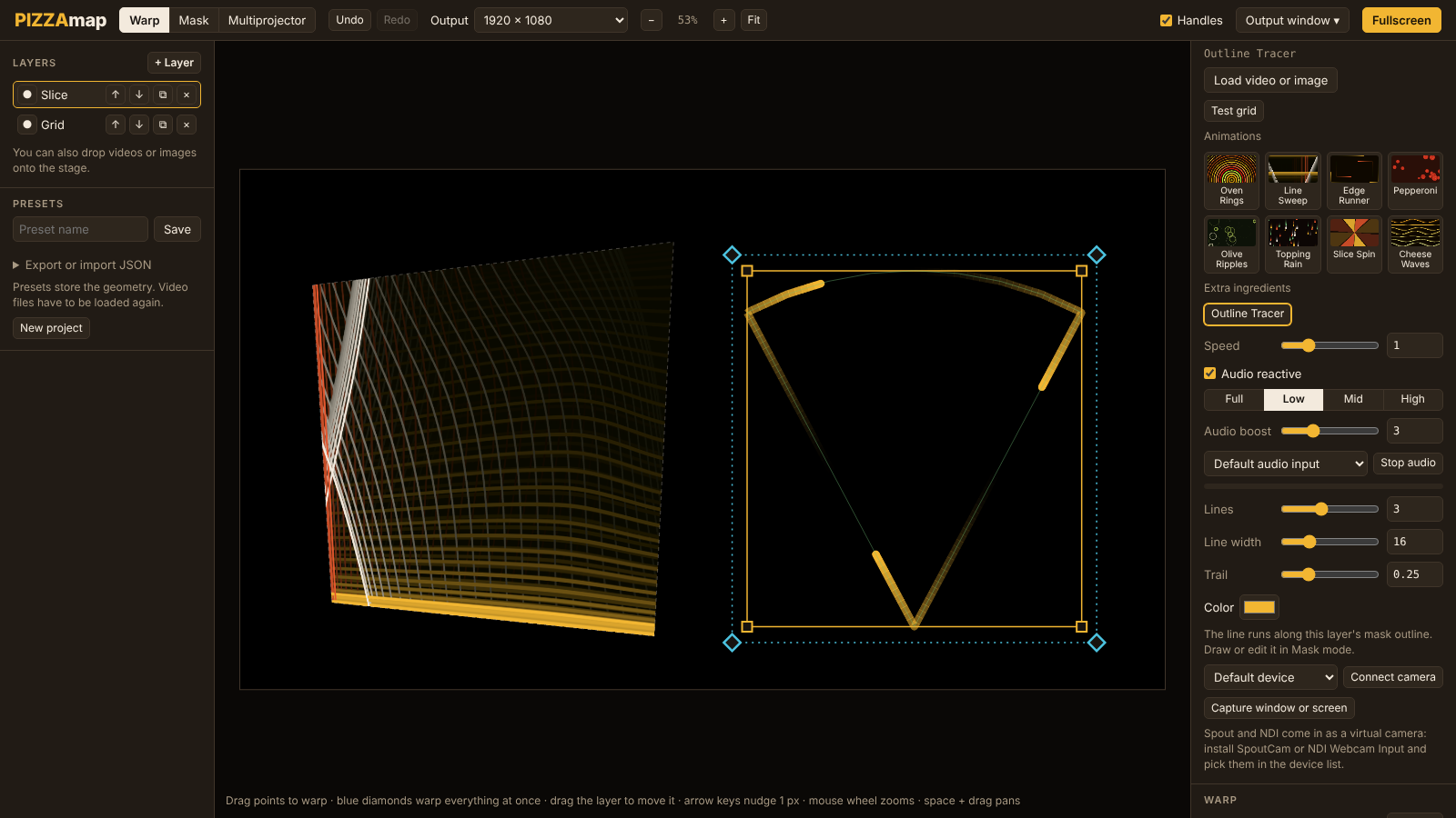 Outline Tracer: three yellow lines with trails running along a slice-shaped mask, with speed and audio controls