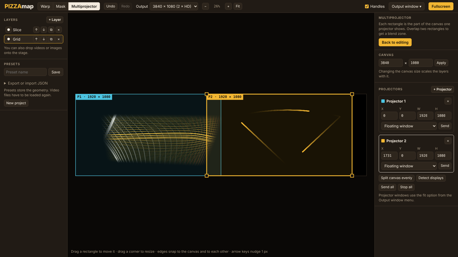 Multiprojector view: a wide canvas with two overlapping rectangles labelled P1 and P2